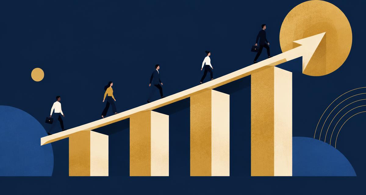 Illustration of five ascending pillars forming an upward path toward a gold sun on a navy background