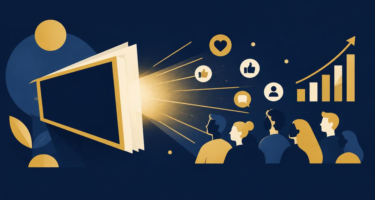 Illustration of a megaphone projecting ideas toward an audience with an engagement chart on a navy background