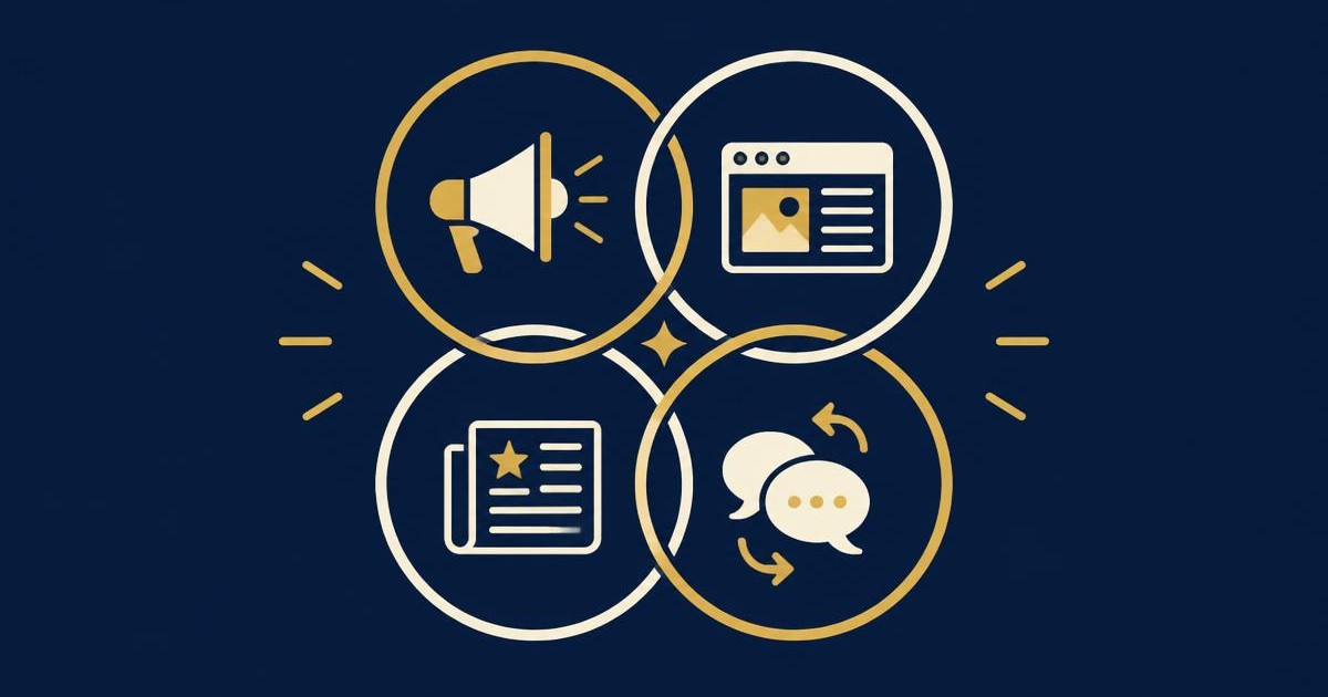 Four interlocking circles with icons for paid, owned, earned, and shared media on a navy background