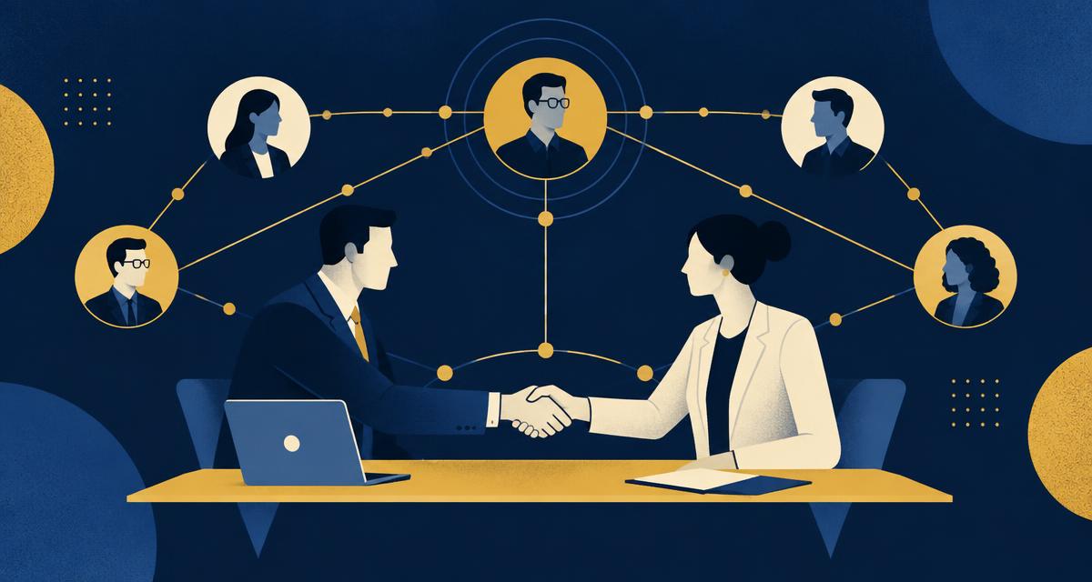 Illustration of professionals connecting over a network of analyst profiles on a navy background